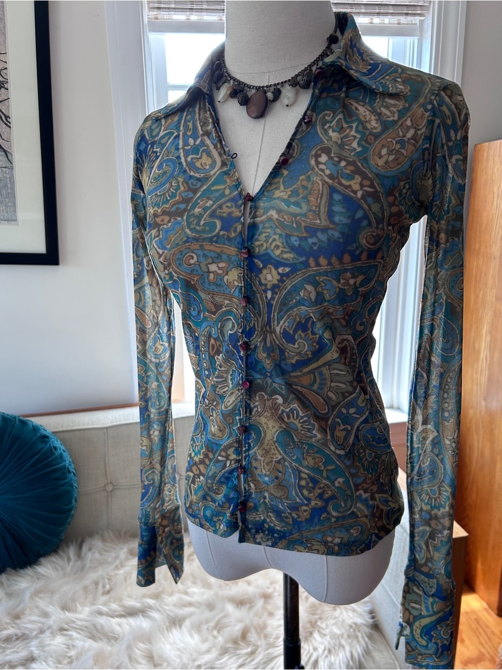 Vintage 70’s Paisley Semi-Sheer Button Down Shirt, Point Collar and Split Cuffs